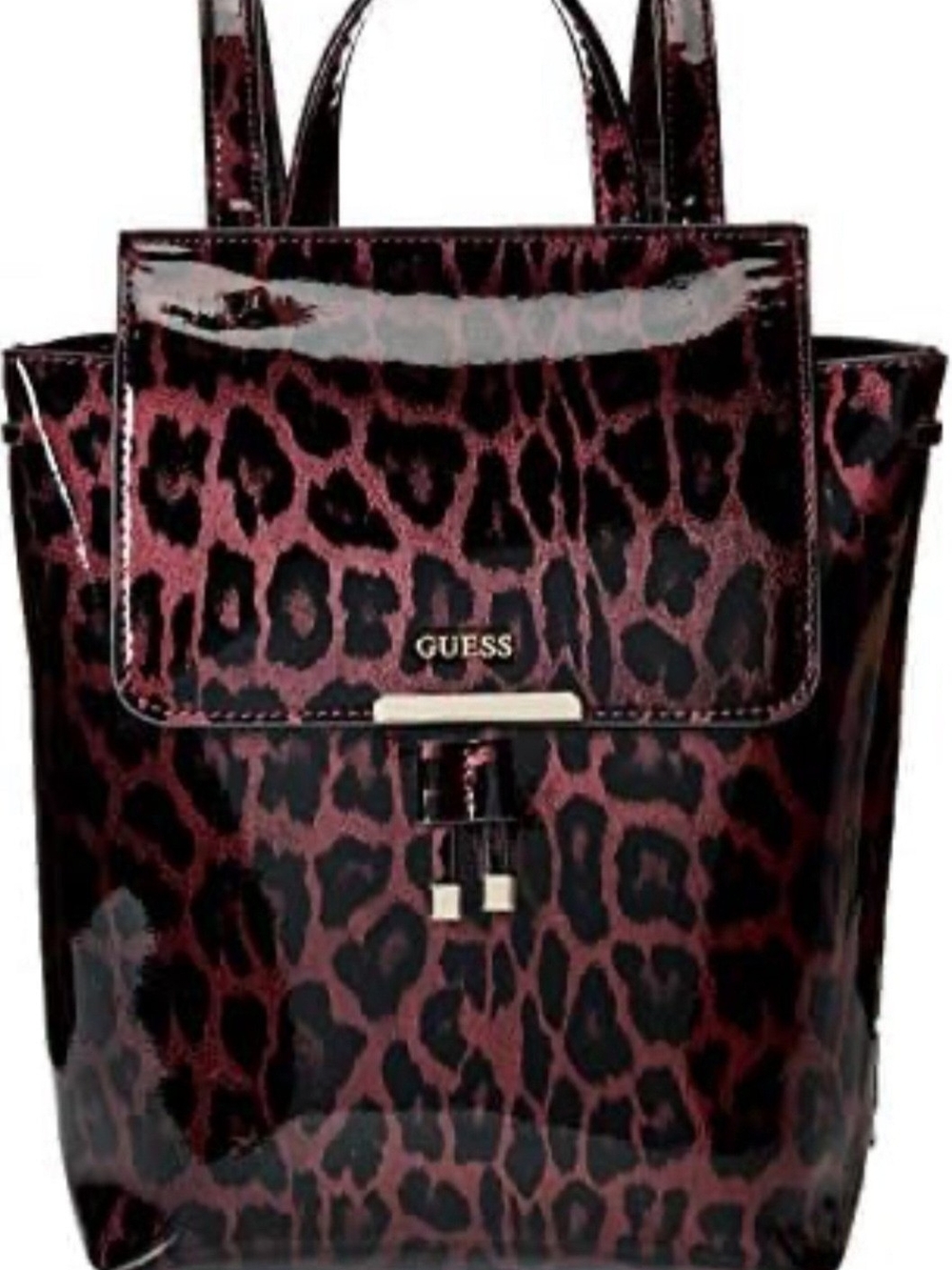 Guess Leopard-Print Patent Leather Backpack in Dark Brown and Black
